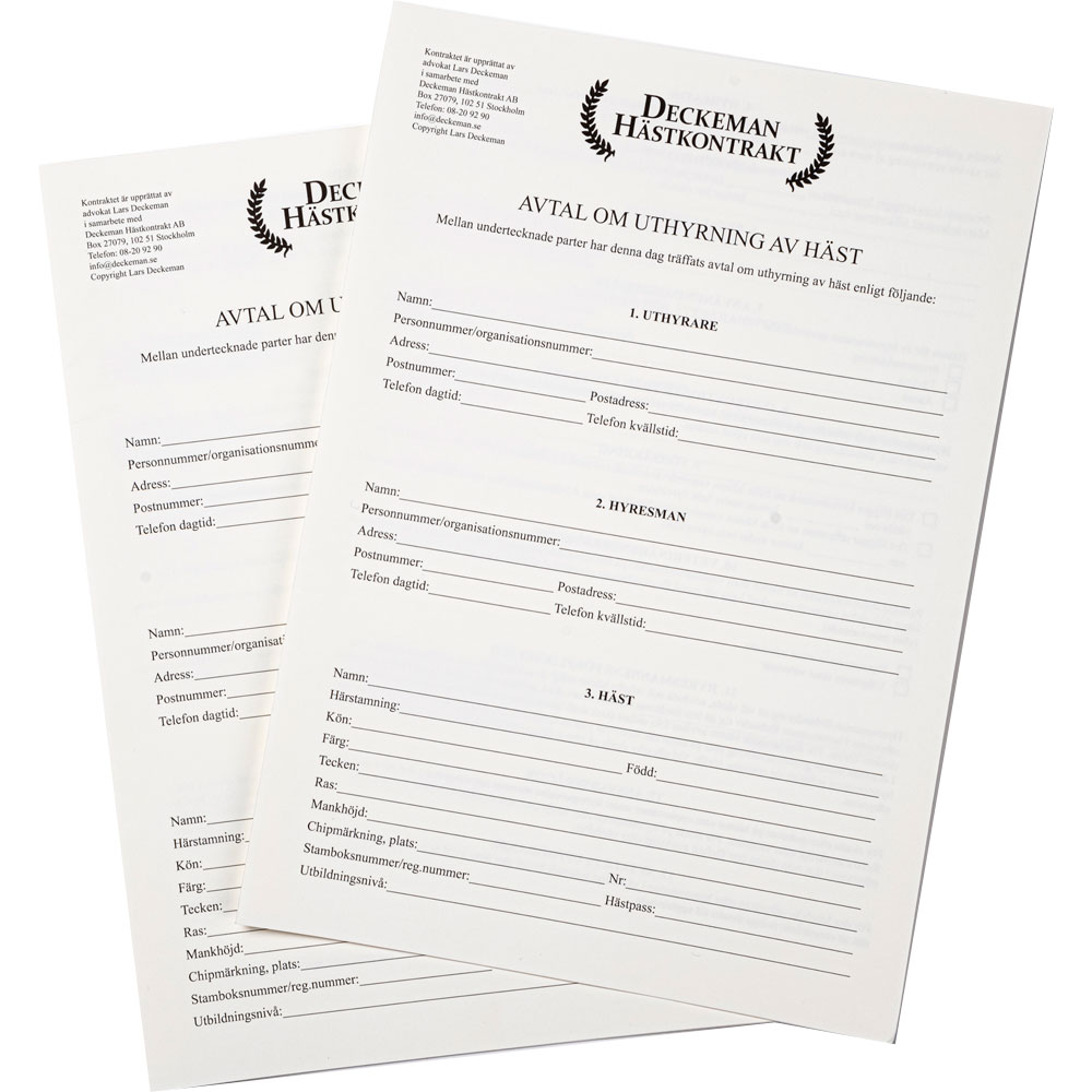 Overeenkomst - uthyrning av häst
